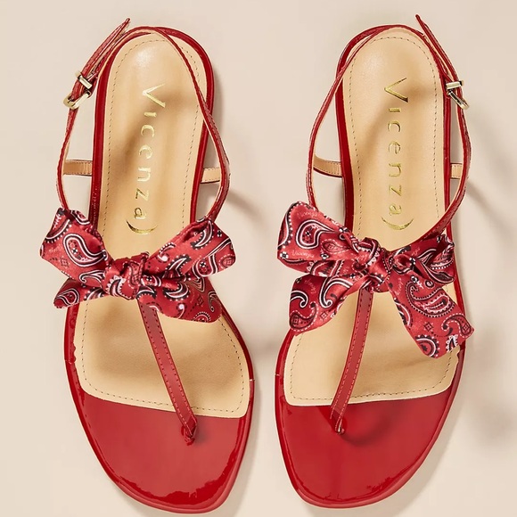 Anthropologie Vicenza Bandana Bow Thong Sandals Red Western Boho Size 7 - Picture 1 of 13